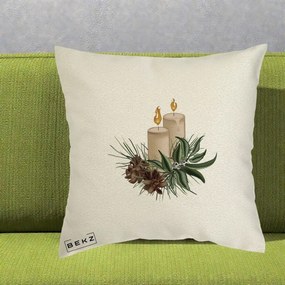 Perna Decorativa Lumanari cu Ilex si Conuri Ilustratie, 40x40 cm, Ecru, Husa Detasabila, Perna Inclusa, BEKZ®