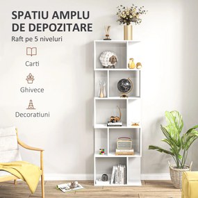 HOMCOM Raft pentru Cărți cu 5 Rafturi Separate, Bibliotecă în Formă de S din Lemn, 60x24x184,5 cm, Alb | Aosom Romania