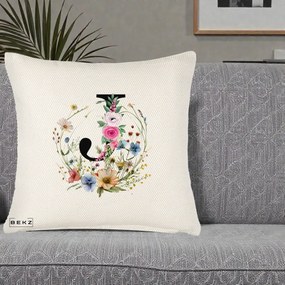 Cadou Personalizat - Perna Personalizata Monogram Litera J cu Flori Acuarela, 40x40 cm, Crem Reliefat, Husa Detasabila, Perna Inclusa, BEKZ®
