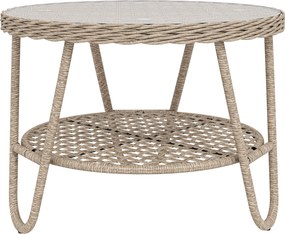 Outsunny Măsuță laterală din polyrattan, masă de cafea în 2 niveluri cu raft, blat din sticlă, picioare reglabile, 65 x 65 x 50 cm, galben | Aosom Romania