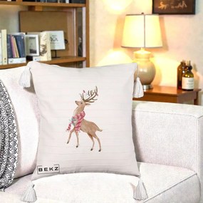 Perna Decorativa Renita cu Fular si Luminite, 40x40 cm, Bej cu Franjuri, Husa Detasabila, Perna Inclusa, BEKZ®