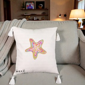 Perna Decorativa Stea de Mare Neon Curcubeu, 40x40 cm, Bej cu Franjuri, Husa Detasabila, Perna Inclusa, BEKZ®