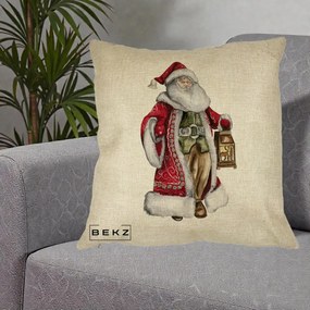 Perna Decorativa Mos Craciun Vintage cu Felinar, 40x40 cm, Crem, Husa Detasabila, Perna Inclusa, BEKZ®