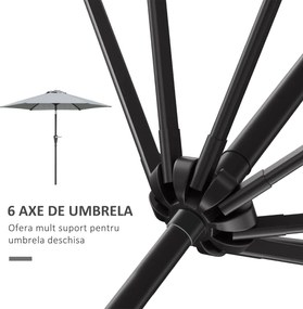 Outsunny Umbrelă Inclinabilă pentru Grădină și Terasă 2.3x2m cu Deschidere Ușoară prin Manivelă, Structură Metalică și 6 Stinghii, Gri | Aosom Romania