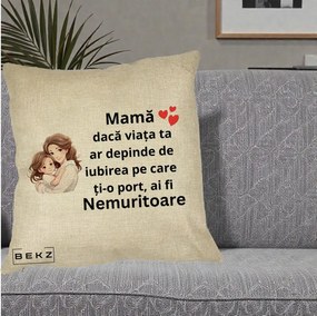 Cadou pentru Mama - Perna Personalizata Mama Nemuritoare cu Balon Inima, 40x40 cm, Crem, Husa Detasabila, Perna Inclusa, BEKZ®