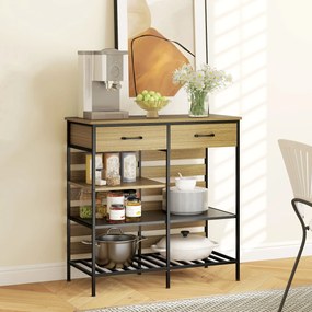 HOMCOM Bufet bucătărie, corp de depozitare cu 2 sertare și 3 rafturi deschise, 90 x 40 x 91 cm, lemn natural și negru | Aosom Romania