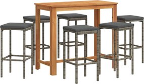 vidaXL Set bar de grădină, 7 piese, gri, lemn masiv acacia/ poliratan