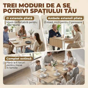HOMCOM Masă Pliabilă pentru 2-6 Persoane, Extensibilă, Efect de Lemn, Finisaj Natural | Aosom Romania