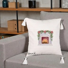 Perna Decorativa Semineu de Craciun Watercolor, 40x40 cm, Bej cu Franjuri, Husa Detasabila, Perna Inclusa, BEKZ®