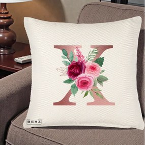 Cadou Personalizat - Perna Personalizata Monograma Rose Gold Litera X, 40x40 cm, Crem Reliefat, Husa Detasabila, Perna Inclusa, BEKZ®