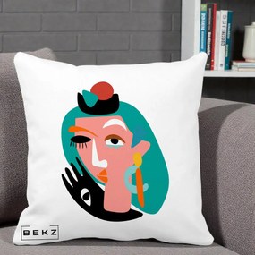 Perna Decorativa Portret Abstract Matisse Turcoaz, 40x40 cm, Alba Mata, Husa Detasabila, Perna Inclusa, BEKZ®