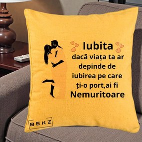 Cadou pentru Iubita - Perna Personalizata Iubita Nemuritoare cu Siluete de Cuplu, 40x40 cm, Galben, Husa Detasabila, Perna Inclusa, BEKZ®