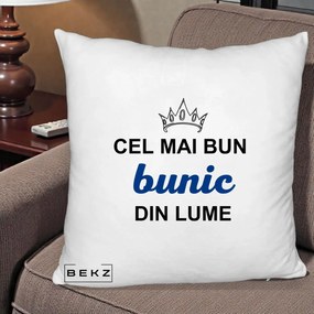 Cadou pentru Bunic - Perna Personalizata Cel Mai Bun Bunic Din Lume Coroana Albastra, 40x40 cm, Alb Pufos, Husa Detasabila, Perna Inclusa, BEKZ®