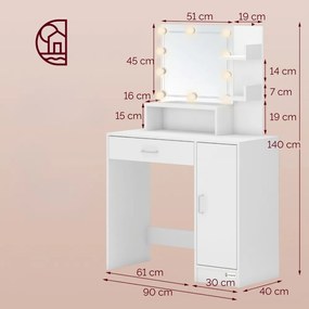Masă de toaletă JOCELYN cu iluminare, 140×90×40cm, albă Casaria