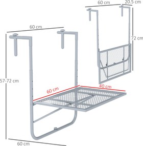 Outsunny Masă suspendată pentru balcon pliabilă, reglabilă în 4 trepte, din metal, rezistentă la intemperii, masă de terasă 60x40 cm Gri | Aosom Romania