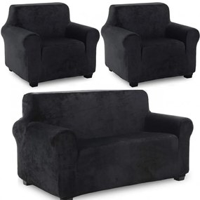 Set huse elastice din catifea pentru canapea 3 locuri + 2 fotolii, cu brate, negru, HCCJS-01