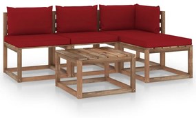 Set mobilier gradina paleti cu perne, 5 piese, lemn pin tratat Bordo, Colt + 2x mijloc + 2x suport pentru picioare, 1