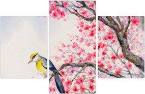 Tablou - Pasăre pe un copac cu flori roșii (90x60 cm)