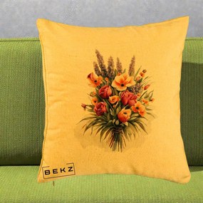 Perna Decorativa Buchet Mixt Acuarela Lavanda-Trandafiri, 40x40 cm, Galben, Husa Detasabila, Perna Inclusa, BEKZ®