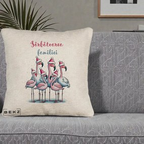Perna Decorativa Flamingo Craciun Sarbatoarea Familiei, 40x40 cm, Bej Canapea, Husa Detasabila, Perna Inclusa, BEKZ®