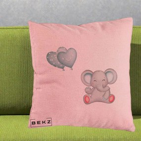 Perna Decorativa, Model Elefant si baloane in forma de inimioare, 40x40 cm, Roz, Husa Detasabila, Perna Inclusa, BEKZ®