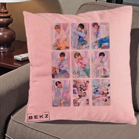 Perna Personalizata K-pop BTS Colaj 9 Fotografii Autografe Individual, 40x40 cm, Roz, Husa Detasabila, Perna Inclusa, BEKZ®