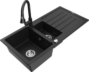 Mexen Andres chiuvetă de granit cu 1,5 cuve cu scurgător și baterie de bucătărie Elia, negru - 6515-77-670101-70