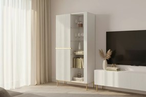 Vitrina Nicole 100 cm cu fata canelata - picioare alb mat / auriu