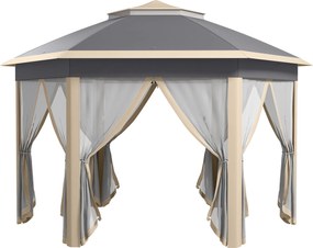 Outsunny Pavilion 4x4m impermeabil pop-up pavilion pliant hexagonal, acoperiș dublu, pavilion de grădină cu 6 părți laterale, cort de petrecere incl. husă de transport, pentru grădină, terasă, festival, Bej+Kaki | Aosom Romania