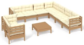 3096908 vidaXL Set mobilier grădină cu perne, 10 piese, maro miere, lemn pin