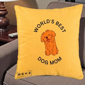 Cadou pentru Iubitorii de Caini - Perna Personalizata World's Best Dog Mom, 40x40 cm, Galben, Husa Detasabila, Perna Inclusa, BEKZ®