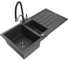 Mexen Andres chiuvetă de bucătărie granit cu 1,5 cuve și scurgător și baterie Duo, negru cu pete - 6515-76-671701-07-B
