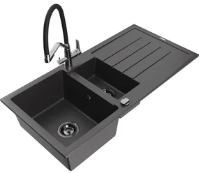Mexen Andres chiuvetă de bucătărie granit cu 1,5 cuve și scurgător și baterie Duo, negru cu pete - 6515-76-671701-07-B