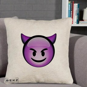 Perna Decorativa Emoji Diavol Mov, 40x40 cm, Bej Canapea, Husa Detasabila, Perna Inclusa, BEKZ®
