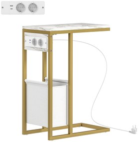 HOMCOM Masă auxiliară în formă de C cu stație de încărcare, buzunar de depozitare din material textil cu aspect marmură, 46 x 25 x 62,5 cm, alb | Aosom Romania