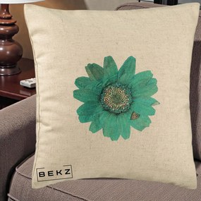 Perna Decorativa Floare Gerbera Teal Acuarela, 40x40 cm, Bej, Husa Detasabila, Perna Inclusa, BEKZ®