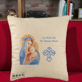 Cadou de Onomastica - Perna Personalizata Sfanta Marie Icoana Acuarela, 40x40 cm, Bej, Husa Detasabila, Perna Inclusa, BEKZ®