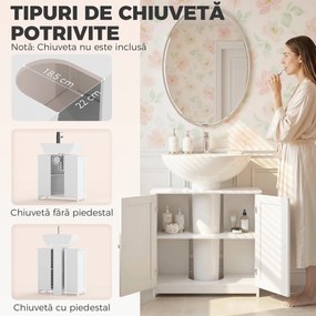 Kleankin Dulap Sub Chiuvetă cu 2 Uși și Raft Reglabil, Dulap de Baie Spațios cu Decupaj în Formă de U, 60x30x60 cm, Alb | Aosom Romania