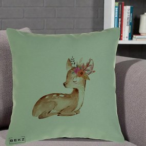 Perna Decorativa Caprioara cu Flori in Coama, 40x40 cm, Verde, Husa Detasabila, Perna Inclusa, BEKZ®
