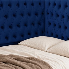 Pat tapițat pentru copii din catifea Elyra 140×200 cm, bleumarin, colț stânga, cu ladă de depozitare