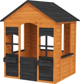 AIYAPLAY Căsuță pentru copii în aer liber din lemn, casă exterioară pentru copii, ușă pe jumătate, ferestre, jardiniere, 3-8 ani, maro deschis | Aosom Romania