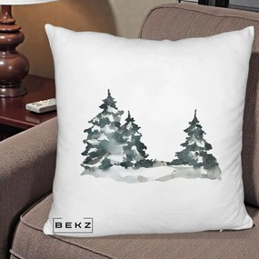 Perna Decorativa Brazi Inzapeziti Acuarela, 40x40 cm, Alb Pufos, Husa Detasabila, Perna Inclusa, BEKZ®