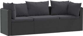 vidaXL Set mobilier de grădină cu perne, 3 piese, negru, poliratan