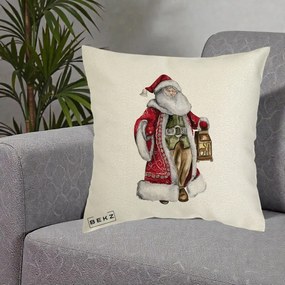 Perna Decorativa Mos Craciun Vintage cu Felinar, 40x40 cm, Ecru, Husa Detasabila, Perna Inclusa, BEKZ®