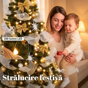 HOMCOM Brad de Crăciun 180 cm cu 200 LED-uri Alb Cald, 8 Moduri, 800 Crenguțe Ignifuge, Globuri, Panglici și Funde | Aosom Romania