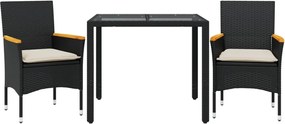 vidaXL Set mobilier de grădină cu perne 3 piese negru poliratan&sticlă
