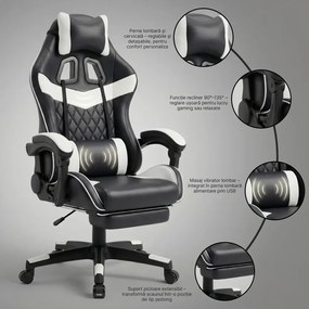 Scaun gaming, sistem iluminare bandă LED RGB, masaj în perna lombară, suport picioare, Negru/Alb