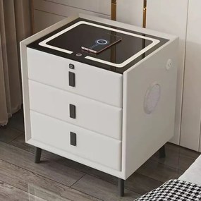 Noptieră inteligentă multifuncțională, 3 sertare, blocare cu amprentă, LED-uri tactile, 3 tipuri de culoare, încărcare fără fir, Difuzor Bluetooth, incarcare USB, sticla securizata, Alb