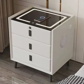 Noptieră inteligentă multifuncțională, 3 sertare, blocare cu amprentă, LED-uri tactile, 3 tipuri de culoare, încărcare fără fir, Difuzor Bluetooth, incarcare USB, sticla securizata, Alb