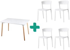 Set de sufragerie 1+4, masa alba BERGEN 120x80cm si scaun alb din plastic COCO